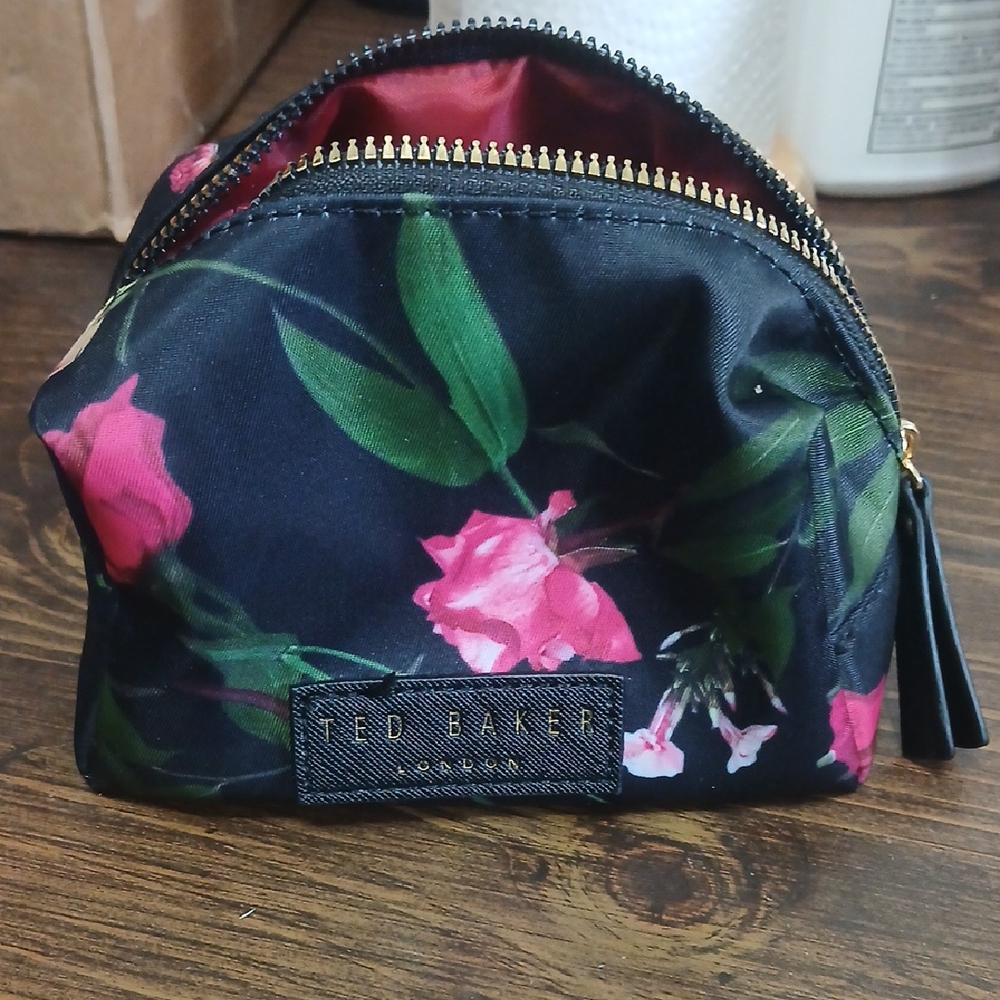 Ted Baker Black and Pink Floral Cosmetic Bag New